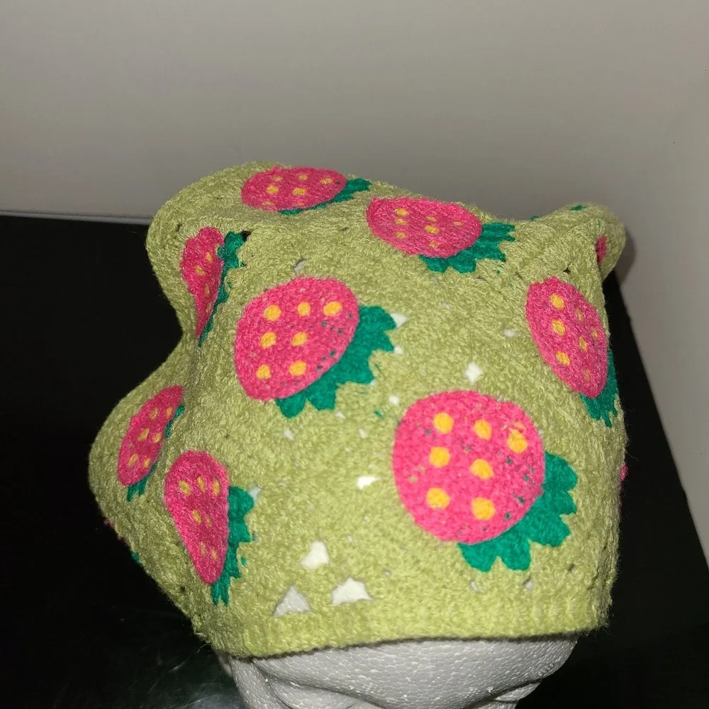 Boho Crochet Bandana Strawberry Cottage Core Hippie Hair Scarf Green